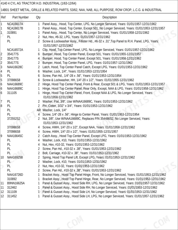 Ford 4140 parts list for sheet metal, hood panels, grille, hinges, and fasteners for 1953-1962 tractor models.