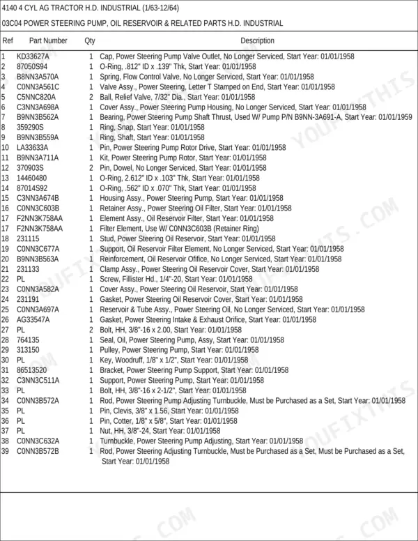 Ford 4140 parts list for power steering pump, oil reservoir, and related components with reference numbers and descriptions.