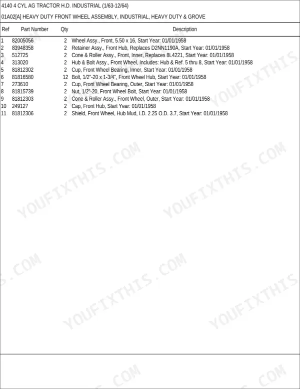 Ford 4140 parts list for heavy duty front wheel assembly, including hub, bearing, and bolt component descriptions.