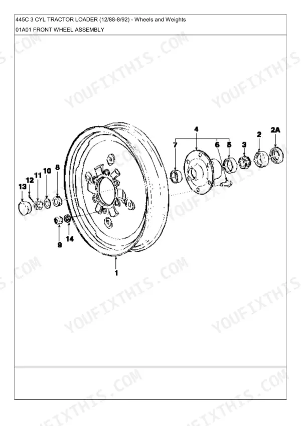 Ford 445C, 345C, 345D, 445D, 545C, 545D exploded view diagram of the front wheel assembly and hub components.