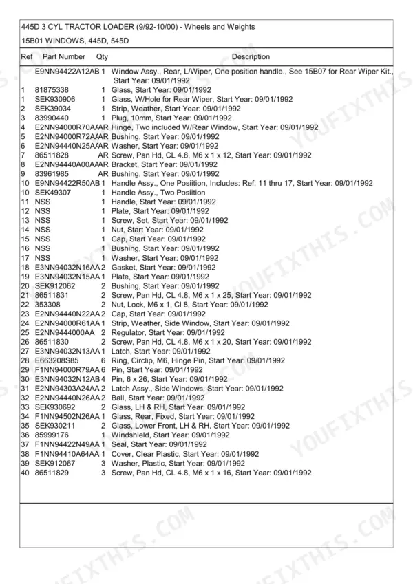 Ford 445D, 445D 3 CYL TRACTOR LOADER, 345C, 345D, 445C, 545C, 545D parts list for windows, glass, handles, and latches.