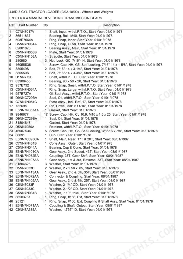 Ford 445D, 445D 3 CYL TRACTOR LOADER, 345C, 345D, 445C, 545C, 545D parts list for 6x4 manual reversing transmission gears.