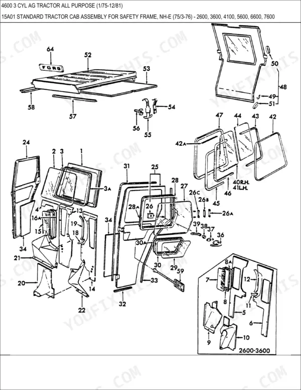 Ford 4600 tractor exploded view diagram of standard cab assembly components, including roof, glass, and interior panels.