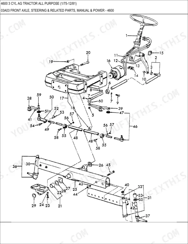 Ford 4600 tractor exploded view of front axle, manual and power steering components with numbered parts list.