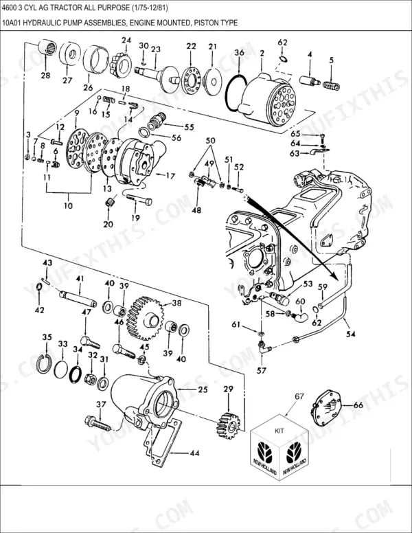 Ford 4600 exploded view of engine-mounted piston-type hydraulic pump assembly with numbered components.