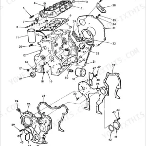 Ford 4610 exploded view of 3-cylinder gas engine cylinder block, head, and related components with numbered parts.