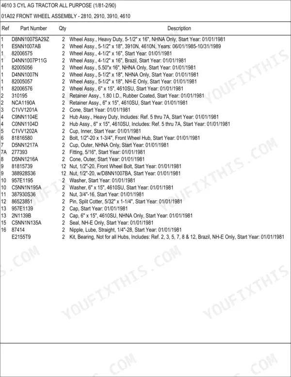 Ford 4610 Parts Catalog — Parts Number List