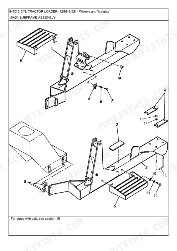 Ford 545C, 445D, 545D, 345C, 445C, 345D exploded view diagram of the 18A01 subframe assembly and tractor steps.