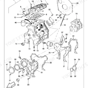 Ford 545C, 445D, 545D, 345C, 445C, 345D exploded view of 3-cylinder tractor engine cylinder block and head components.
