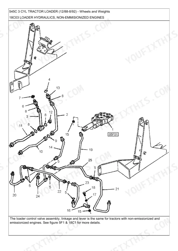 Ford 545C, 445D, 545D, 345C, 445C, 345D exploded view of loader hydraulic lines, control valve, and mounting brackets.