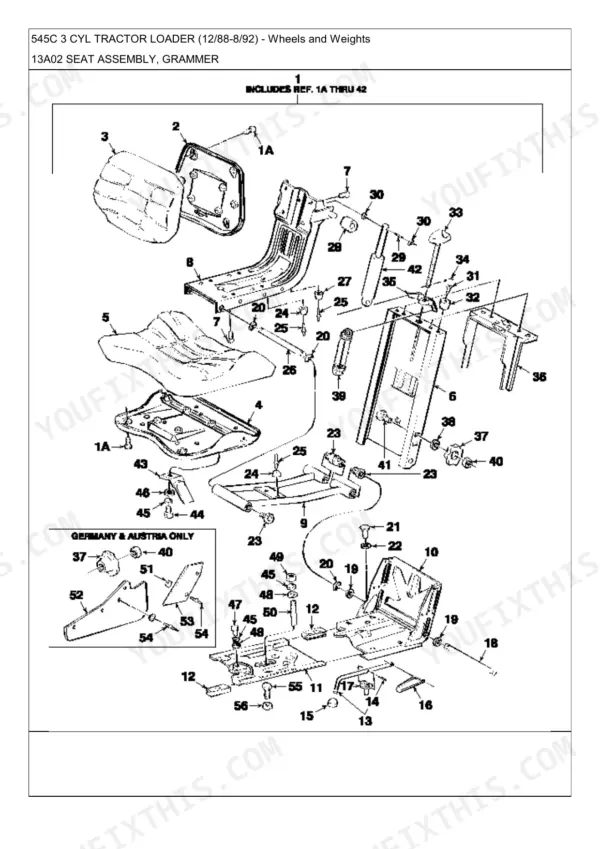 Ford 545C, 445D, 545D, 345C, 445C, 345D exploded view diagram of Grammer seat assembly components and hardware.