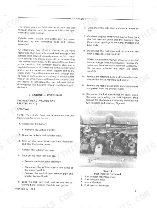 Ford 550, 555, 550/555 Tractor Backhoe Loader engine overhaul, cylinder head removal procedures, and fuel injector diagram.