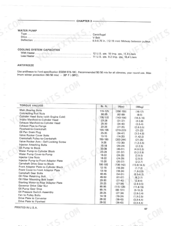 Ford 550, 555, 550/555 Tractor Backhoe Loader water pump specs, cooling capacities, and engine torque values table.