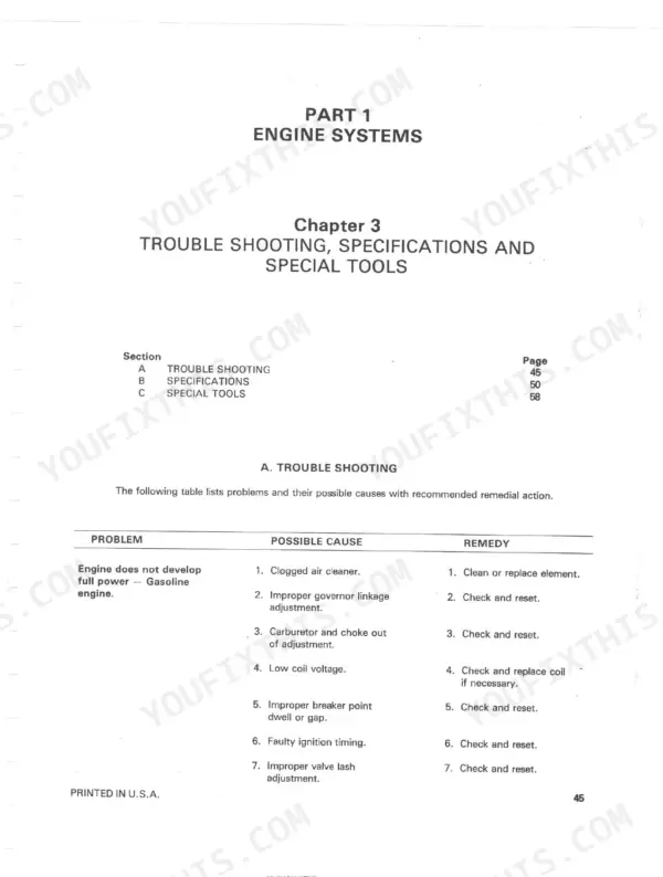 Ford 550, 555, 550/555 Tractor Backhoe Loader engine troubleshooting table for gasoline engine power loss.