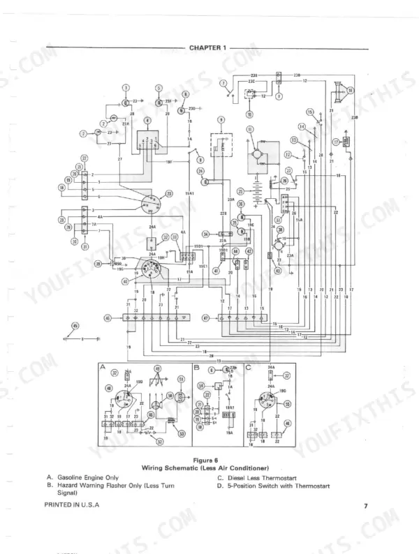 Ford 550, 555, 550/555 Tractor Backhoe Loader wiring schematic for electrical system without air conditioning.