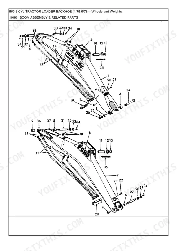 Ford 550, 550 3 CYL exploded view diagram of the boom assembly, including hydraulic lines, pins, and mounting hardware.