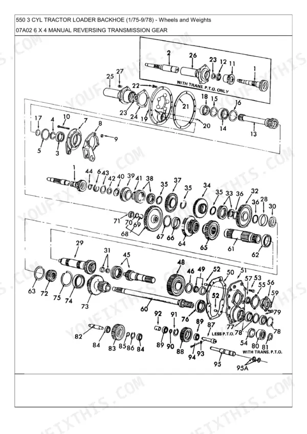 Ford 550, 550 3 CYL exploded view diagram of the 6x4 manual reversing transmission gear assembly and components.