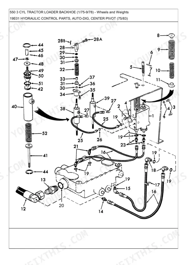 Ford 550, 550 3 CYL exploded view of hydraulic control parts, auto-dig, and center pivot assembly components.