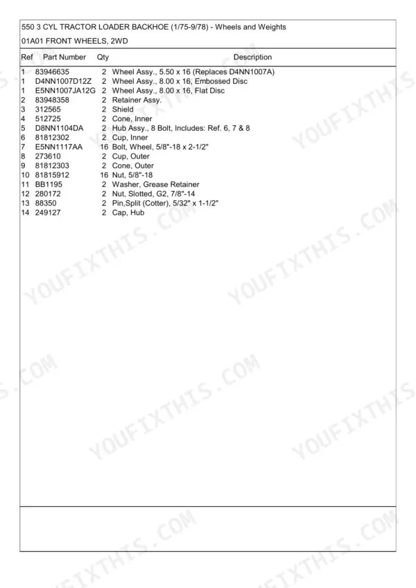 Ford 550, 550 3 CYL parts list for 2WD front wheels, including wheel assemblies, hubs, bearings, and hardware.