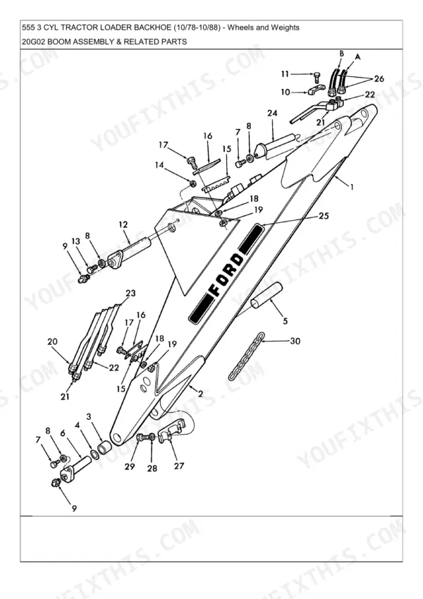 Ford 555, 555 3 CYL TRACTOR LOADER BACKHOE (10/78-10/88) exploded view diagram of boom assembly and related parts.
