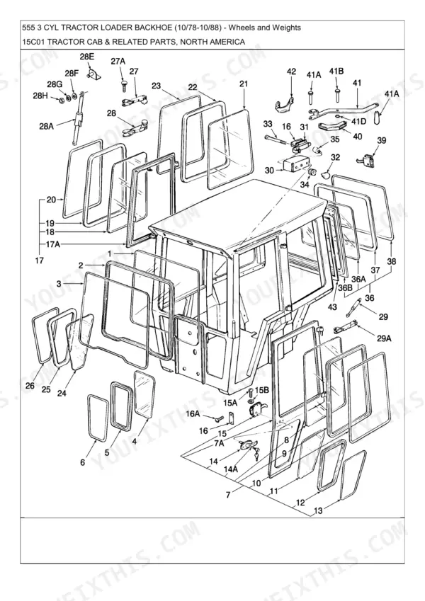 Ford 555, 555 3 CYL TRACTOR LOADER BACKHOE (10/78-10/88) exploded view of tractor cab glass, seals, and door hardware.