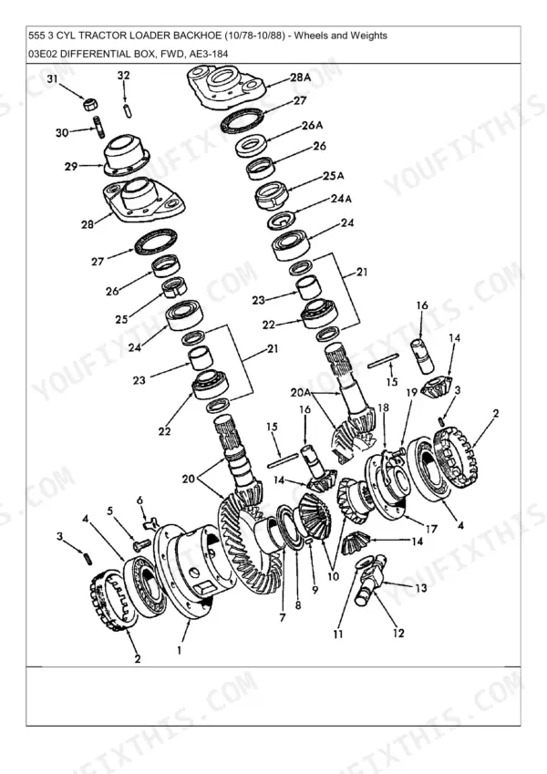 Ford 555, 555 3 CYL TRACTOR LOADER BACKHOE (10/78-10/88) exploded view of differential box and FWD drive components.