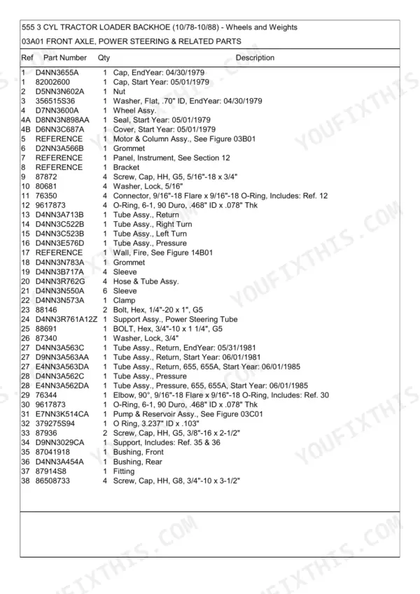Ford 555, 555 3 CYL TRACTOR LOADER BACKHOE (10/78-10/88) parts list for front axle and power steering components.