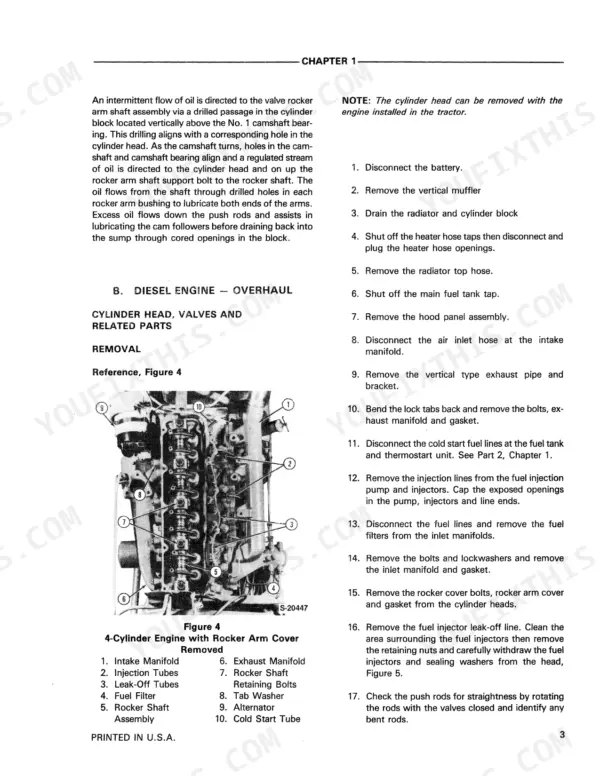 Ford 555A, 555B, 655A diesel engine cylinder head removal procedure and rocker arm assembly diagram.