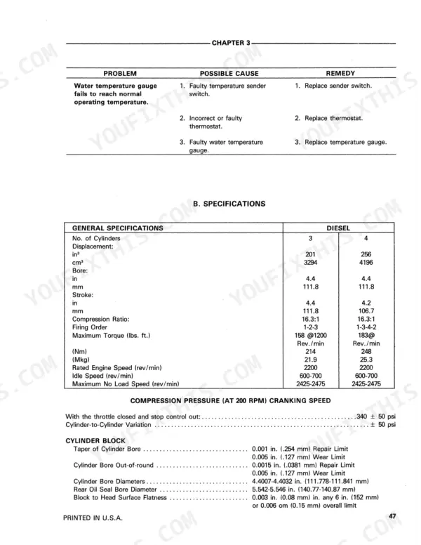 Ford 555A, 555B, 655A troubleshooting table for temperature gauge and engine specifications including bore, stroke, and compression.