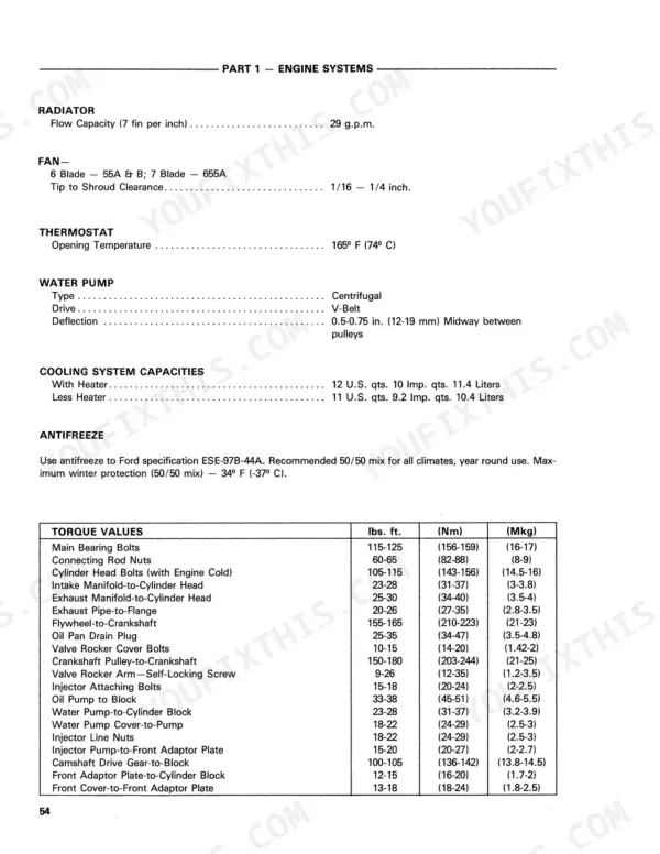 Ford 555A, 555B, 655A engine cooling system specifications and engine component torque values table.