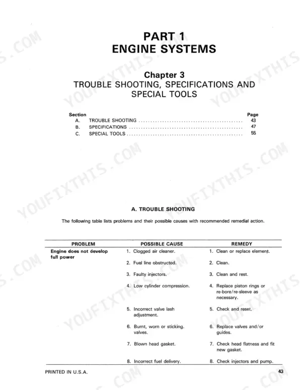 Ford 555A, 555B, 655A engine troubleshooting table for low power issues including air cleaner and fuel system causes.
