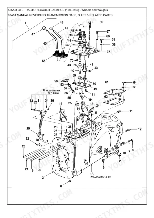 Ford 555A exploded view of manual reversing transmission case, shift forks, levers, and related internal components.