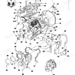 Ford 555A exploded view diagram of diesel engine cylinder block, head, and related components with numbered parts list.