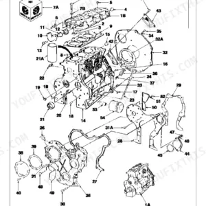 Ford 555A exploded view diagram of diesel engine cylinder block, head, and related components with numbered parts list.