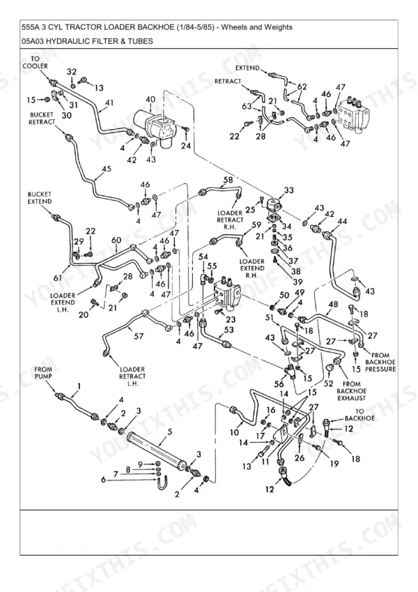 Ford 555A exploded view diagram of hydraulic filter, tubes, and lines for the tractor loader backhoe system.