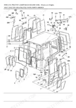 ford-555b-tractor-loader-backhoe-parts-catalog-cab-parts-332.webp Ford 555B tractor exploded view diagram of cab glass, seals, door latches, and mounting hardware components.