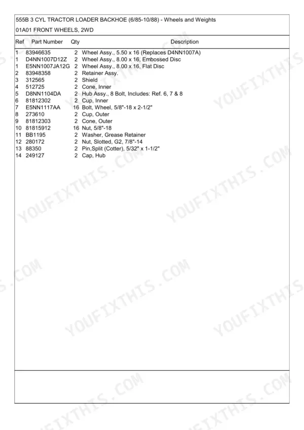 Ford 555B parts list for 2WD front wheels, including wheel assemblies, hub components, bearings, and hardware.