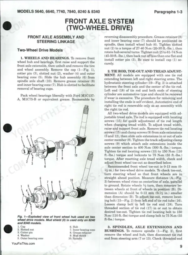 Ford 5640, 6640, 7740, 7840, 8240, 8340 front axle assembly, wheel hub exploded view, and steering linkage adjustment procedures.