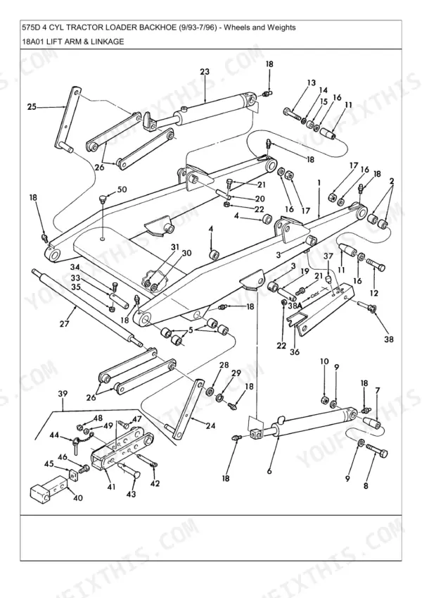 Ford New Holland 575D exploded view diagram of lift arm and linkage assembly showing hydraulic cylinders, pins, and bushings.