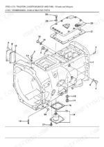 Ford New Holland 575D exploded view diagram of transmission case, cover, and related hardware components with numbered parts list.