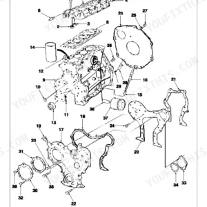 Ford New Holland 575D exploded view diagram of engine block, cylinder head, and related components with numbered parts list.