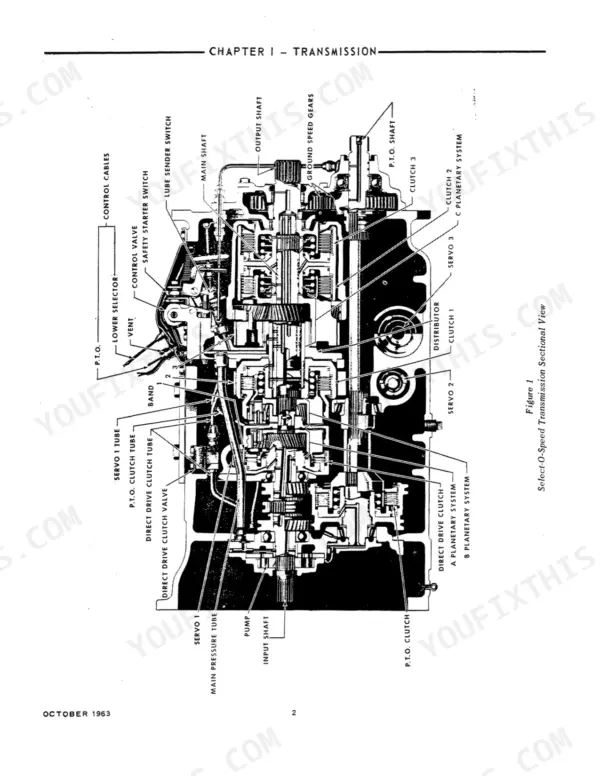 Ford 6000 Select-O-Speed transmission sectional view diagram showing planetary systems, clutches, and shafts.