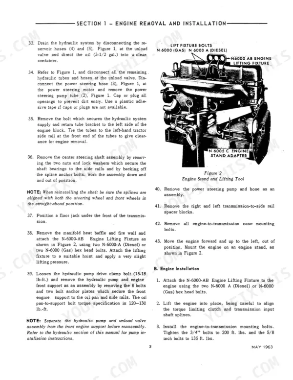 Ford 6000 engine removal and installation procedures with engine stand and lifting fixture diagram.