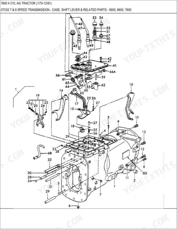 Ford 7600, 7600 4 CYL AG exploded view of 7 and 8 speed transmission case, shift levers, and internal linkage parts.
