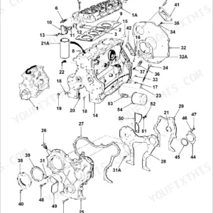 Ford 7600, 7600 4 CYL AG exploded view of cylinder block, head, and related engine components with numbered parts.