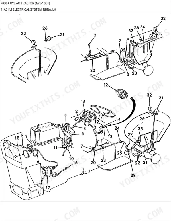 Ford 7600, 7600 4 CYL AG tractor electrical system exploded view showing wiring harness, battery, lights, and switches.