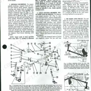 Ford 8000-TW-30 shop manual: exploded view of front axle, spindle bushings, tie rod, and toe-in adjustment procedures.