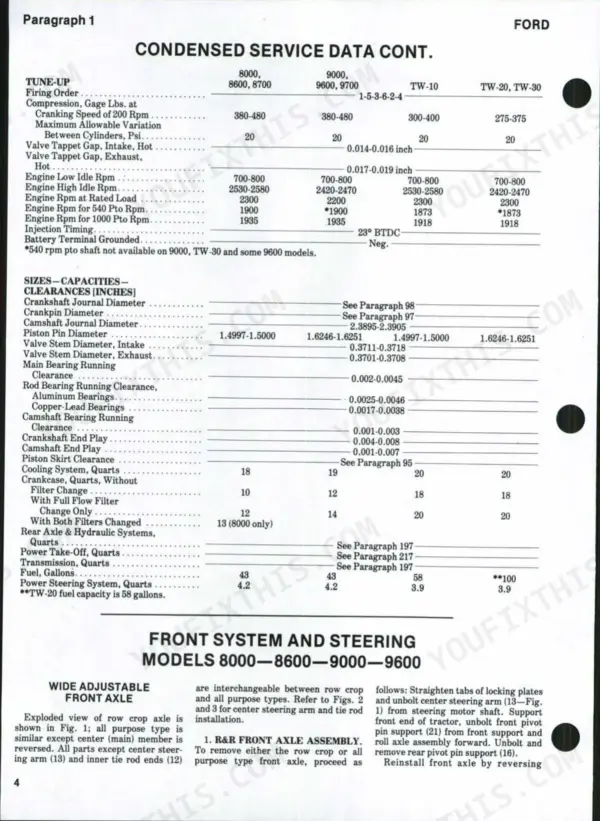Ford 8000, 8600, 8700, 9000, 9600, 9700, TW-10, TW-20, TW-30 condensed service data, engine tune-up specs, and axle removal procedure.