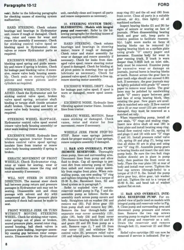 Ford 8000-TW-30 manual: steering system troubleshooting, pump R&R procedures, and hydraulic pump overhaul instructions.