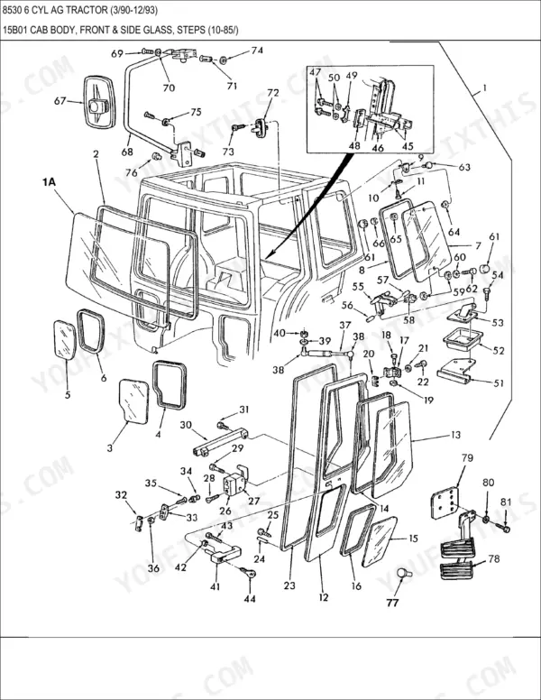 Ford New Holland 8530, 8630, 8730, 8830, 7312, 7314, 7412HD-Series, TW5, TW15, TW25, TW35, 7810, 7910, 8210, 5640, 6640, 7740, 7840, 8240, 8340, TS90, TS100, TS110 exploded view of tractor cab body, glass, and steps.